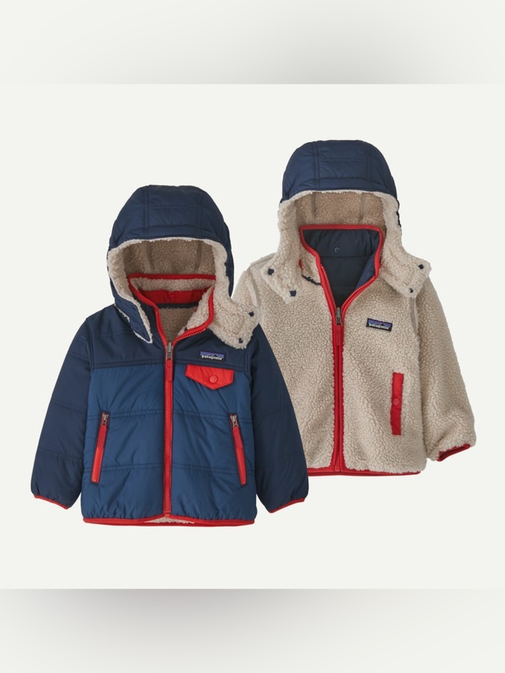 Patagonia Navy Blue Red Winter Outdoor Fuzzy Reversible Tribbles Hoody Jacket 4T